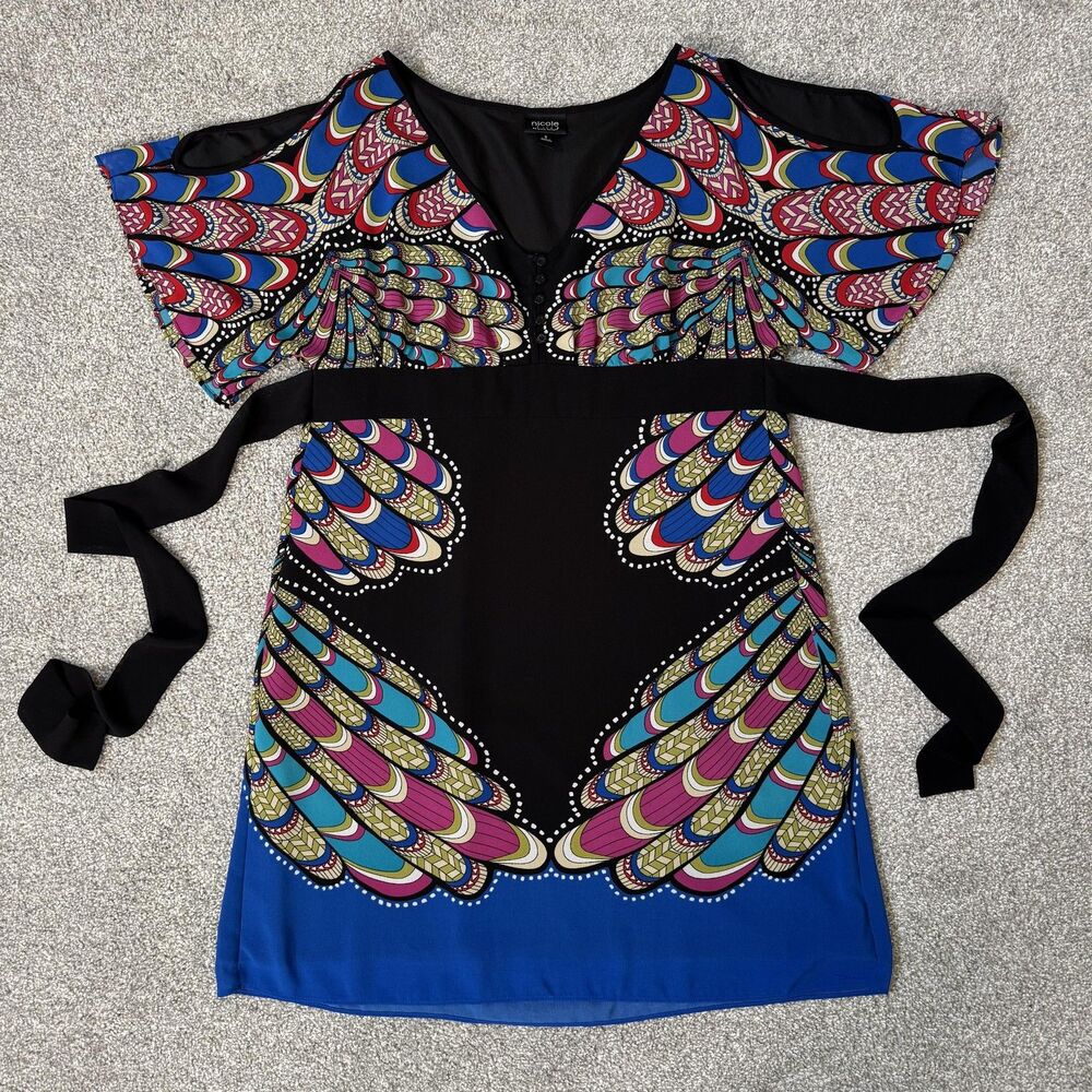 Nicole by Nicole Miller Dress Womens 8 Black Blue Peacock Print V Neck Tie Waist